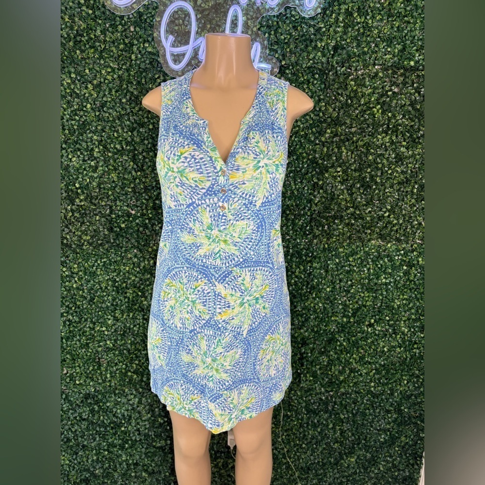 Lilly Pulitzer V-Neck Sleeveless Dress – Tropical Blue & Green Print – Size S